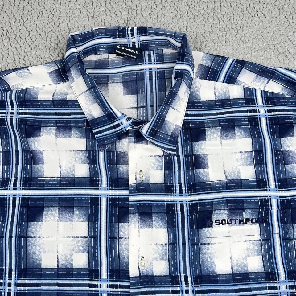 South Pole Shirt Mens XXL Blue White Loop Collar Y2K Hip hop Street wear VTG - Image 2 of 4