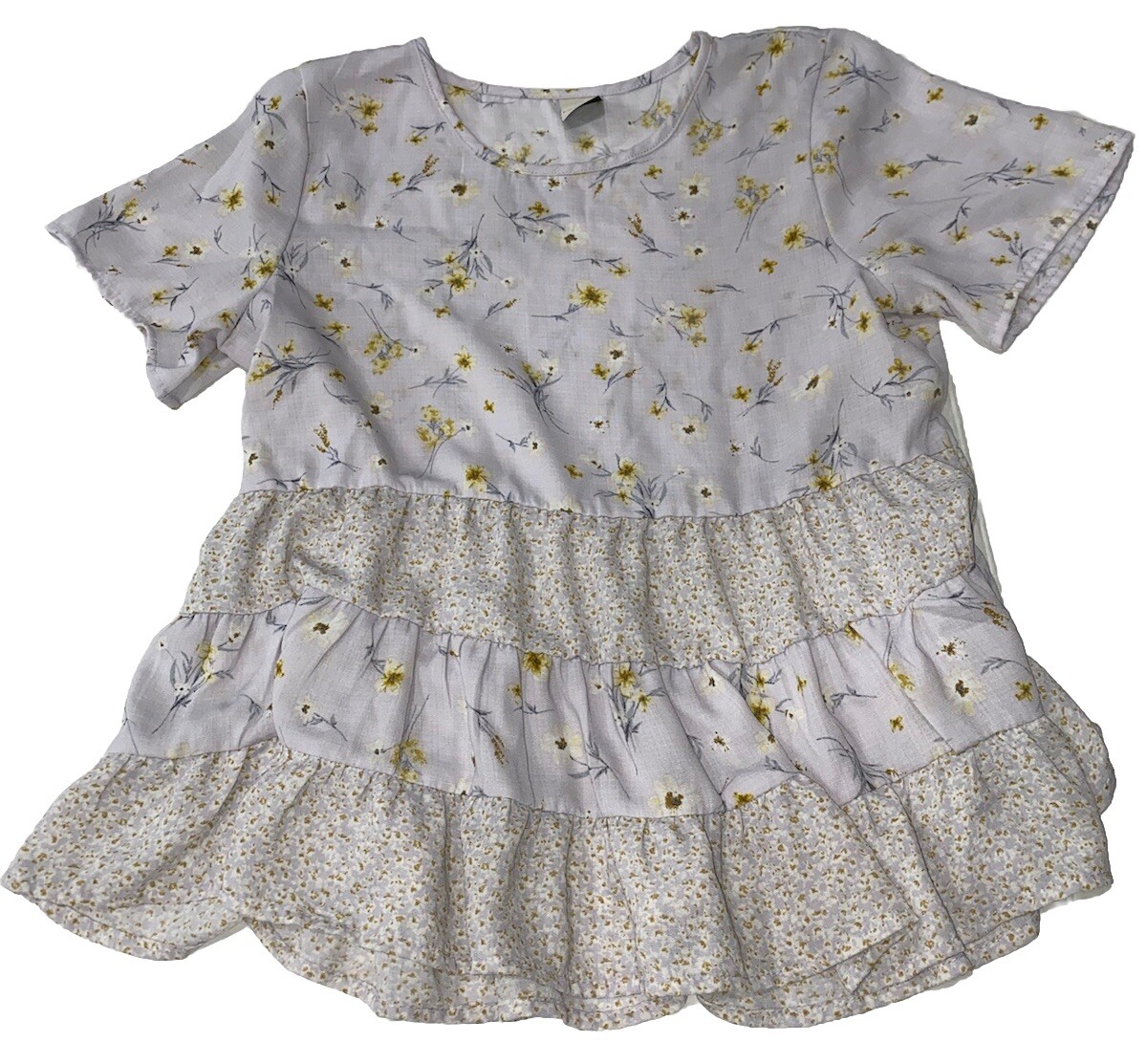 Lavender Floral Boho Peasant Top with Tiered Short Sleeves in Small