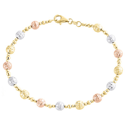 14K Tri Color Gold Texture Moon Cut / Candy Bead 5mm Fancy Italian Bracelet 7''