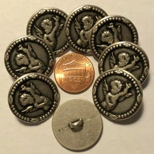 8 Flat Top Antiqued Silver Tone Metal Shank Buttons 7/8" 23mm Angel Cherub 9606