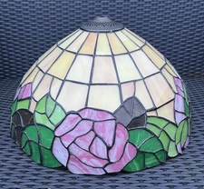 Art Deco Large Tiffany Style Pendant Light Shade Pink Roses Leaves H9” D16” Vtg