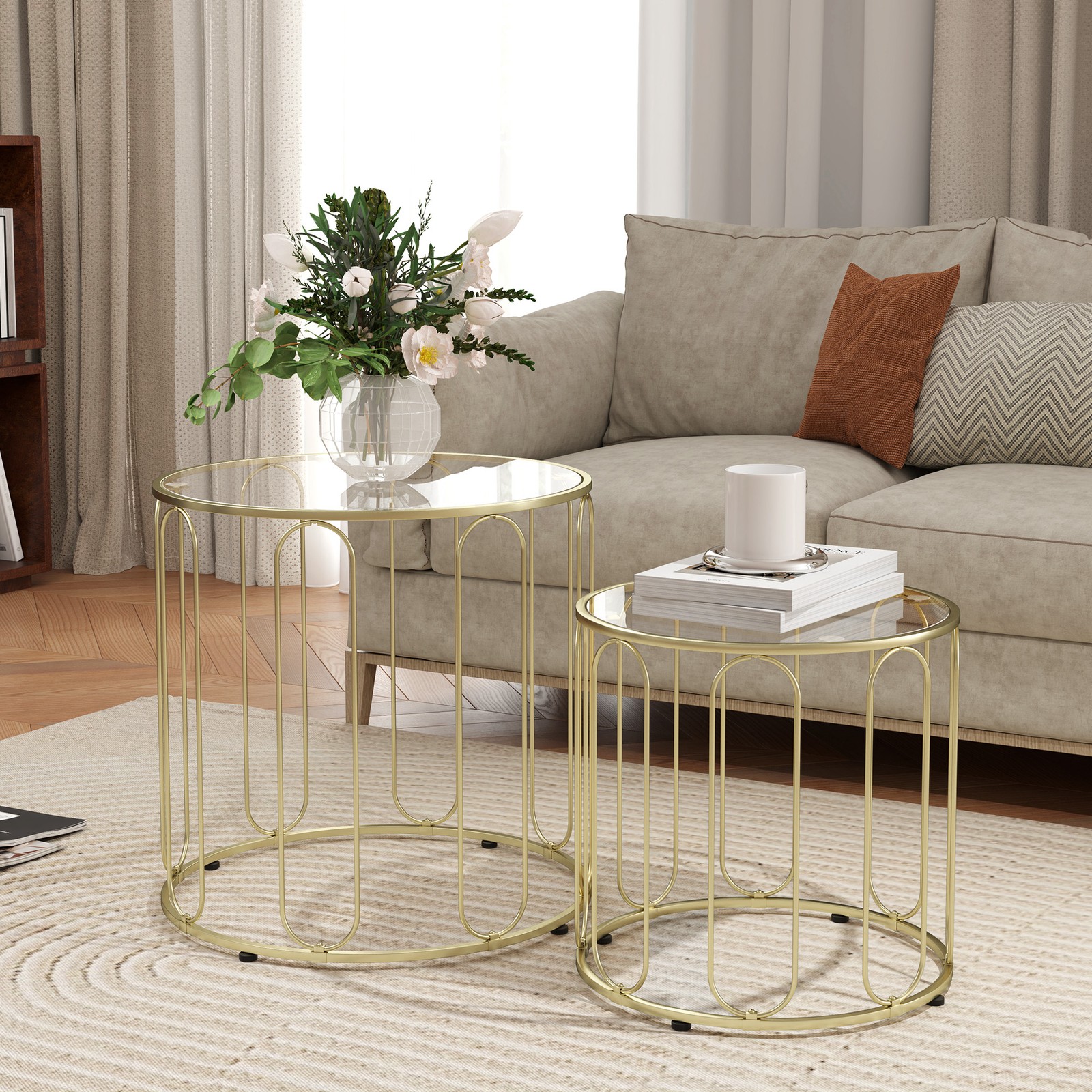 Round Coffee Table Set of 2, Nest of Tables for Living Room, Gold Tone