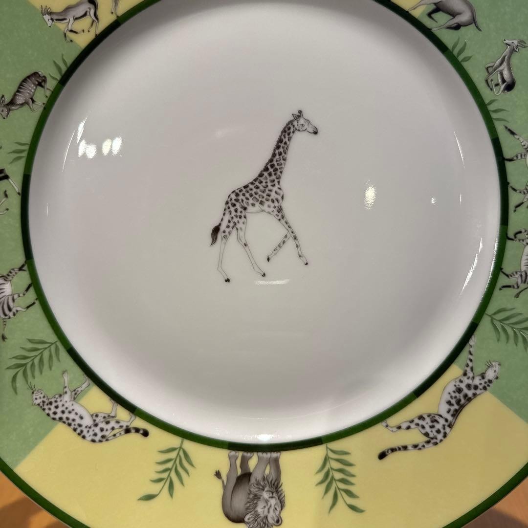 Hermes Africa Dinner Plate Tableware Green Giraffe Dish 2 set Auth