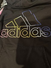 Adidas Girls Size XL/16Pullover Hoodie Sweatshirt Black Rainbow Stripes Big Logo