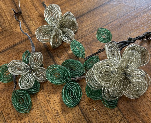 3 Vintage LARGE Hand Made Glass Beaded FLOWERS & LEAVES