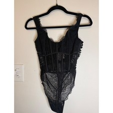 Victoria's Secret One Piece Boned Strappy Teddy Lace Bodysuit Black L NWT