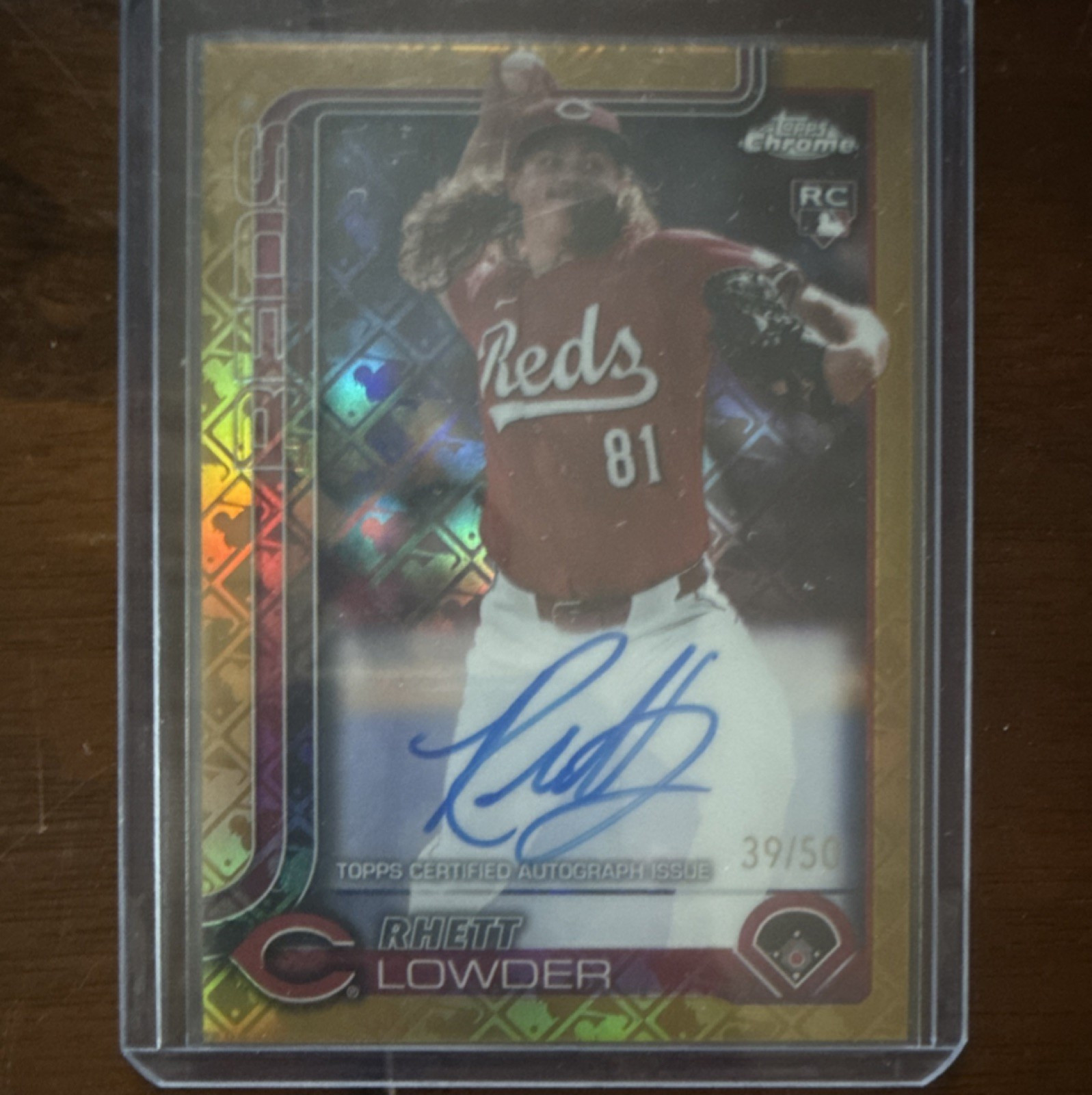 Topps 2025 Chrome Rhett Lowder RA-RL Gold Refractor Rookie Auto /50 Reds