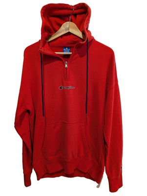 Champion Sweatshirt M rot Hoodie Half Zip Kapuze 100% Baumwolle Logo bestickt