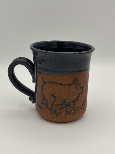 Rustic Pig Farm Blue Studio Art Pottery Mug Farmhouse 16oz Signed See Note