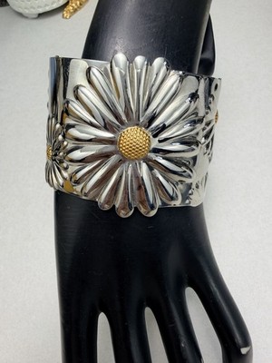 Silver-Tone Daisy Floral Wide Cuff Bracelet Boho Vintage Style Statement