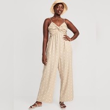 Tan Linen Blend Polkadot Tie Shoulder Cropped Twist Front Smocked Jumpsuit