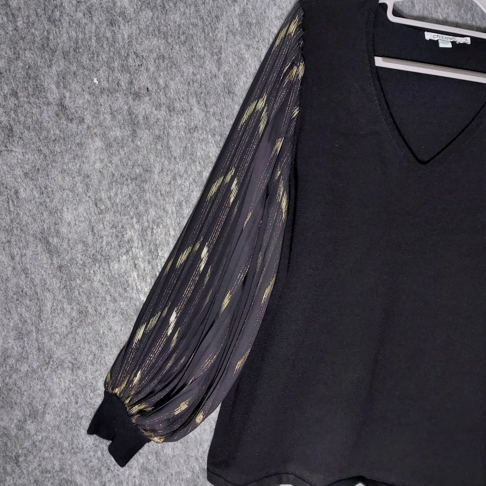 Chicos Tunic 2 Large Black V Neck Sweater Knit Metallic Gold balloon Sleeves - Image 2 of 4