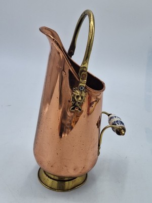 Vintage Holland Copper Brass Jug/Pitcher with Ceramic Handle & Lion Head Accents