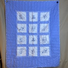 Hand Made Embroidered Squares Quilt Baby Blanket Cat Dog Bear Duck Bunny Blue