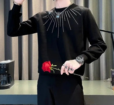 New Men Luxury Diamond Rhinestones Fashion Black White Hoodie High Quality