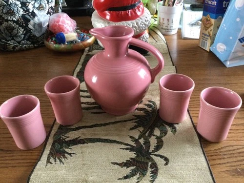 NICE PINK FIESTA WATER PITCHER + 4 TUMBLERS CARAFE ROUND BALL STYLE PITCHER
