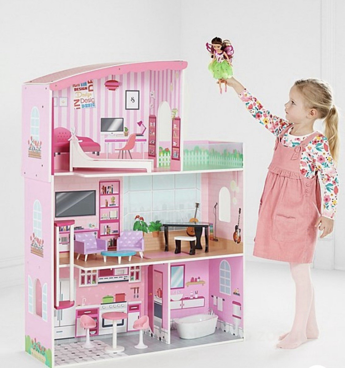 Wooden Fashion Dolls House Pink Mansion Asda George 3+ For Role
