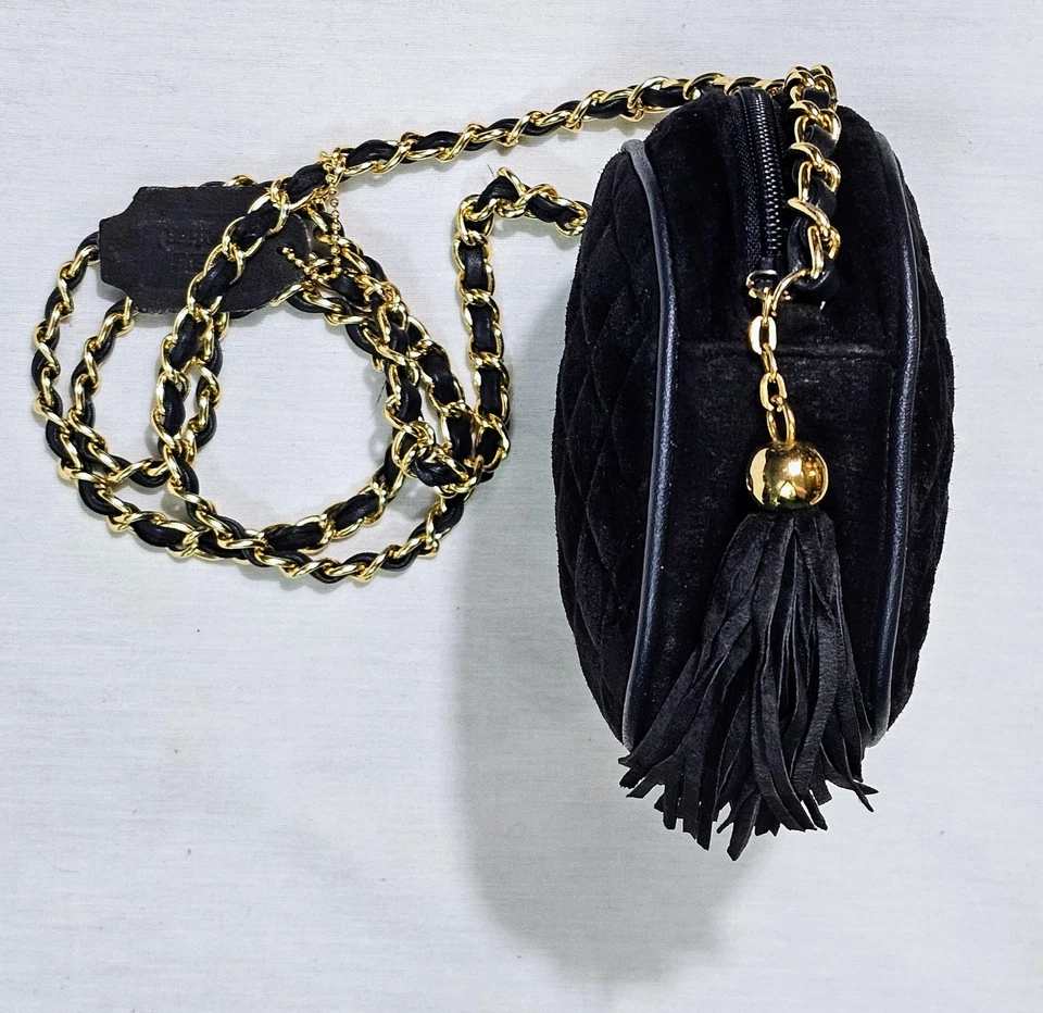 Bolso Bandolera Bolso Cartera Bechamel Acolchado Cuero Gamuza Negro Cadena Dorada Foto 4 de 4