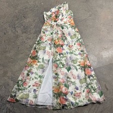 David's Bridal Cream Pink Floral One Shoulder Slit Maxi Dress Size 14 Wedding