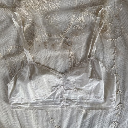 Vintage 1930s White Cotton Bra Camisole Lingerie Top Art Deco Ribbon Straps