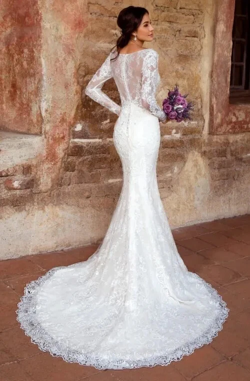 Vestidos de novia de encaje de sirena divididos manga larga apliques vestidos de novia playa Foto 3 de 4