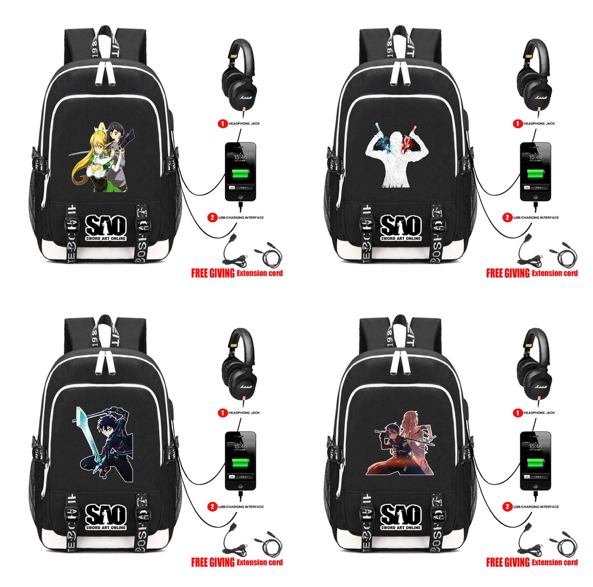 Sword Art Online Student USB backpack laptop bags school bags Mochila rucksacks