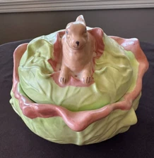Vintage Holland Mold 1977 Rabbit On Cabbage Bowl with Lid Green and Pink Easter