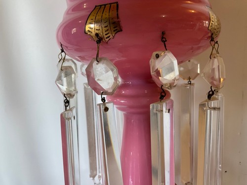Antiguo Candelabro Rosa Opalino Manto Brillo GRANDE Cristal Prismas Dorado - Imagen 4 de 12