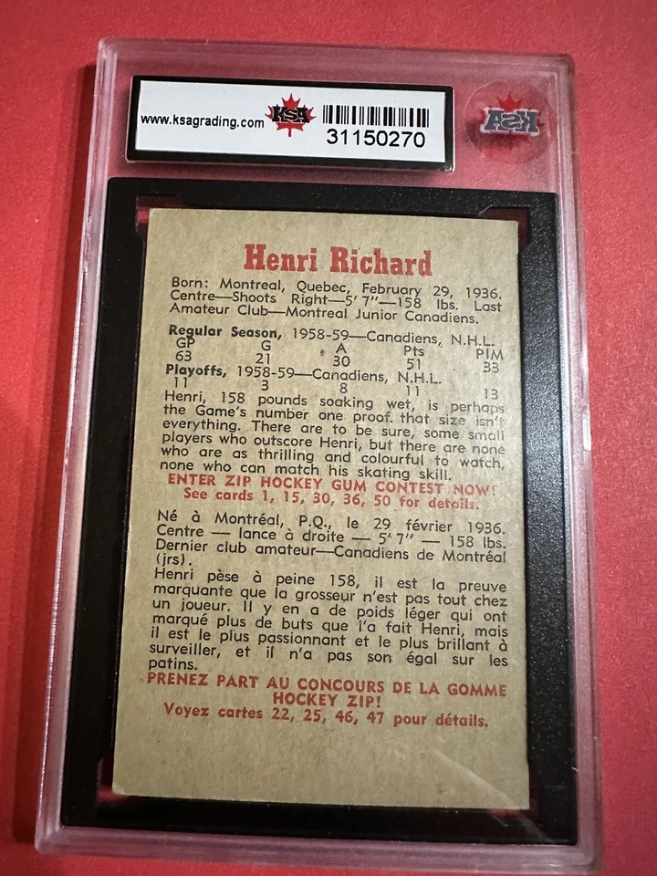 1959 60 Parkhurst #39 Henri Richard KSA 5 Ex 3rd year Montreal Canadiens - Image 2 of 4