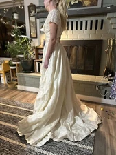 VTG Wedding Dress 1950s Floor Length Silk Or Satin w/ Train Lace Bodice Beaded