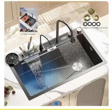 Stainless Steel Smart Waterfall Kitchen Sink Single Bowl Digital Display
