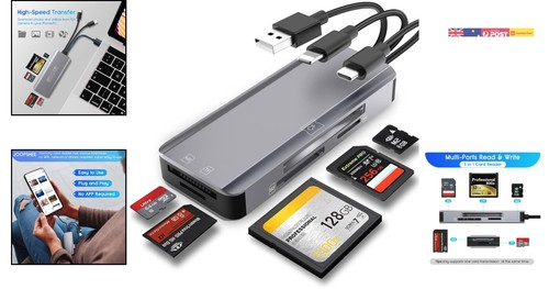 5-in-1 Aluminum Multi Memory Card Reader for iPhone, iPad, USB C & A Devices - Picture 2 of 8