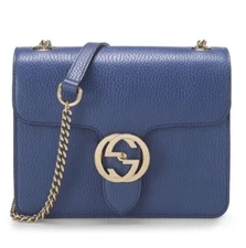 New Gucci GG Interlocking Caspian Blue Leather Crossbody Small Bag