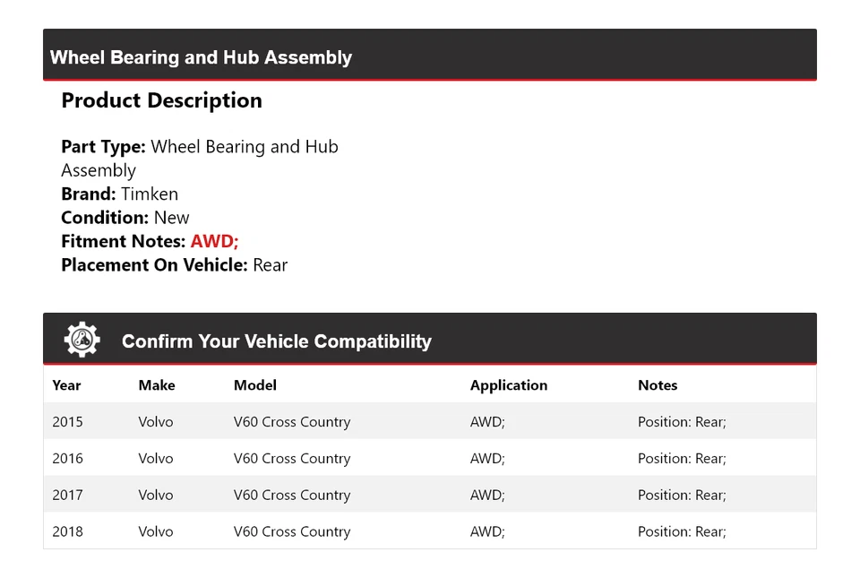 Conjunto de cojinete de rueda y buje trasero Timken para Volvo V60 Cross Country 2015-2018 AWD Foto 2 de 4