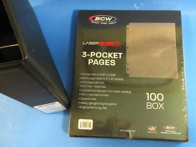 100 BCW LASERWELD 3-POCKET ALBUM PAGES FOR POSTCARDS, COVERS, PHOTOS W/ 2'' ALBUM