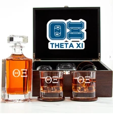 Theta Xi - Fraternity Decanter and 2 Glasses In Wood Box Set