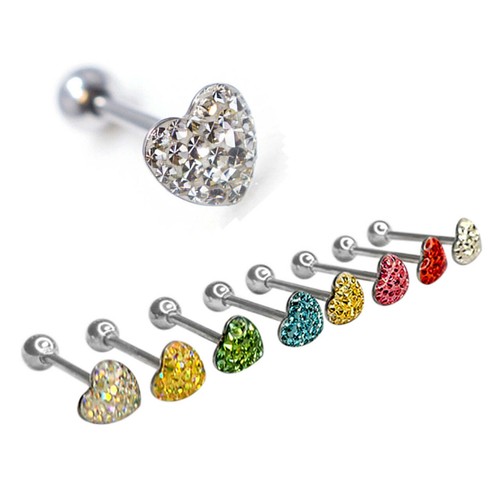 Surgical Steel Tongue Ring Barbell 14 Gauge 5/8" Epoxy Paved Gem Heart - 第 1/24 張圖片