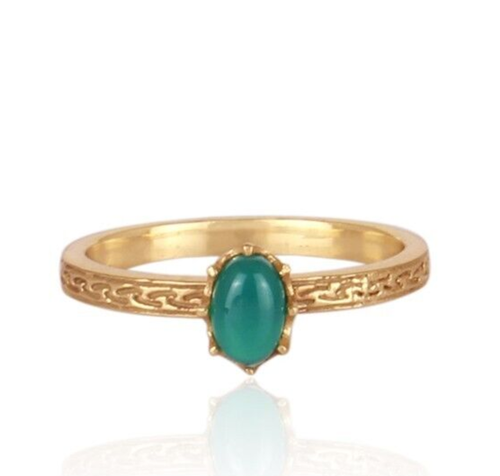 Gold Plated Prong Setting Rings Green Onyx Gemstone Engraved Band Brass Rings - Picture 2 of 4