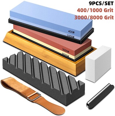 Knife Sharpening Water Stone Kitchen Dual Whetstone Set 400 1000 3000 8000 Grit