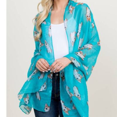 Cute Orange Tabby Cat on Lightweight Boho Printed Teal Scarf Wrap