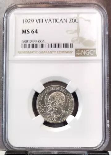 1929 VATICAN 20 CENTESIMI NGC MS 64 RARE BU KEY DATE LOW MINTAGE
