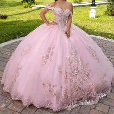 Pink Off Shoulder Quinceanera Dress Layered Applique Lace Fluffy Ball Gowns