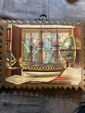 Charles Cerny Czech Artist 1960s Ship Art Print Wood Plaque 9.75 X 11.25" Vtg.