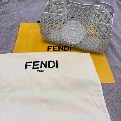 FENDI White Mesh Tote Bag with Logo, Rubber Material, Used