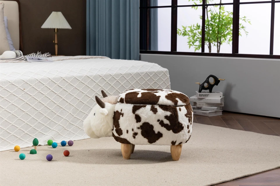 Happy Cow Storage Ottoman with brown and white soft fur - Image 3 of 4