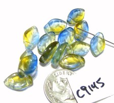 Czech Glass Leaf Bead TRANSPARENT YELLOW, BLUE 12mm WYSIWYG Lot of 14 C9145