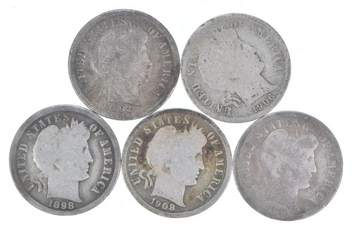 Better Lot 5 1892 1906-D 1898 1908-D 1903-O Barber Dime 0.50 Face *274