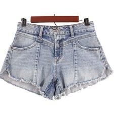 Forever 21 Womens High Waisted Light Wash Seamed Denim Cutoff Shorts Size 26