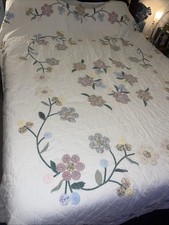 Unique Vtg Quilt Floral Vines White Green Applique 86x76 Rare
