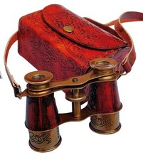 Antique Brass Binoculars Red Leather Vintage 4 Inch 5x Magnification for Outd...